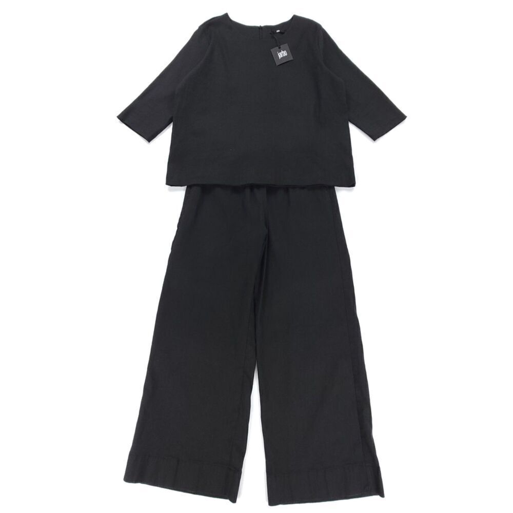 NWT Jarbo Linen Jewel Easy Top Matching Minimal Cropped Wide Leg Pant Black